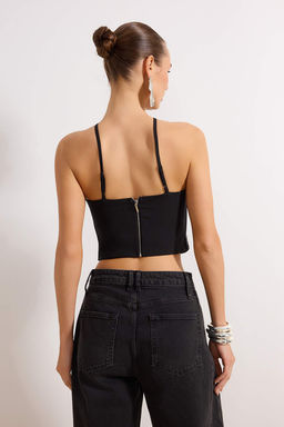 Siyah Crop Puskul Detayl? Dokuma Bluz TPRAW24BZ00082