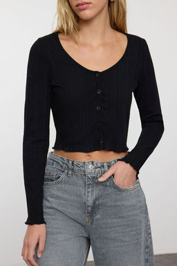 Siyah Fitted/Vucuda Oturan Havuz Yaka Uzun Kollu Esnek Orme Bluz TWOAW25BZ00202 - Trendyolmilla фото 4