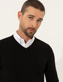 Siyah Slim Fit V Yaka Basic Triko Kazak