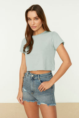 Gri-Mint 2li Paket %100 Pamuk Crop Bisiklet Yaka Orme T-Shirt TWOSS20TS1480