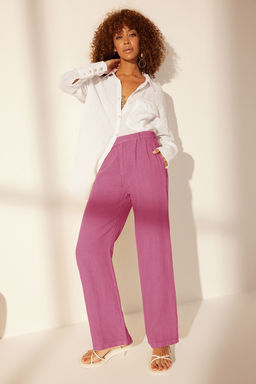 Gul Kurusu %100 Keten Pileli Yuksek Bel Wide Leg Pantolon TWOSS24JE00245 - Trendyolmilla фото 6