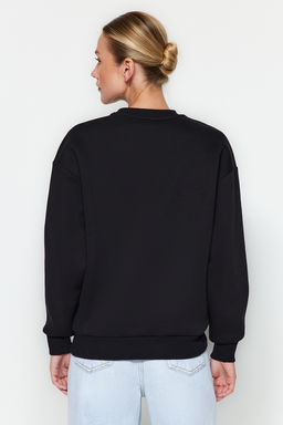 Siyah Kal?n Ici Polarl? Regular/Normal Kal?p Bisiklet Yaka Basic Orme Sweatshirt TWOAW24SW00101
