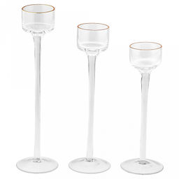 Подсвечник стеклянный "Эмили" набор 3 штуки: h26см, h23см, h20см; чаша д5см, h3,9см, золтая отводка, длинная ножка, в коробке (Китай)