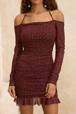 Trendyolmilla Siyah Puantiyeli Vucuda Oturan Astarl? Drapeli Orme Tul K?sa S?k Abiye Elbise TPRAW24EL00028  фото 11