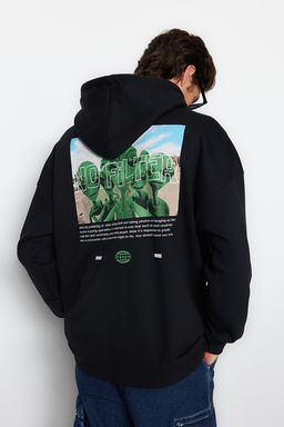 Siyah Oversize/Genis Kesim Kapusonlu Uzay Bask?l? Ici Polar/S?cak Tutan Sweatshirt TMNAW24SW00095