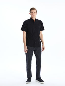 Regular Fit K?sa Kollu Keten G?r?n?ml? Erkek G?mlek