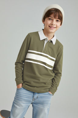 Yesil Erkek Cocuk 100% Pamuk Duz Polo Yaka Regular Orme T-Shirt TKDAW26TS00003