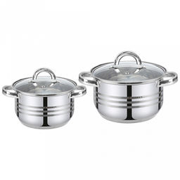 "Zeidan" Набор посуды из нержавеющей стали 4 предмета: катрюли: 1,4л д14см, 2,5л д18см, стеклянные крышки, 5-и степовое капсулированное дно, внутри зеркальная полировка корпуса, снаружи комбинированная полировка, подарочная коробка (Китай)