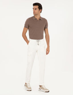 Beyaz Straight Fit Kadife Kargo Cepli %100 Pamuk Kanvas Pantolon
