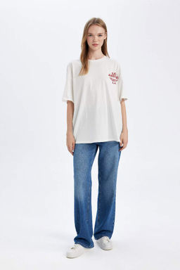 Футболка оверсайз с круглым вырезом и короткими рукавами с принтом Снова в школу - Defacto фото 2