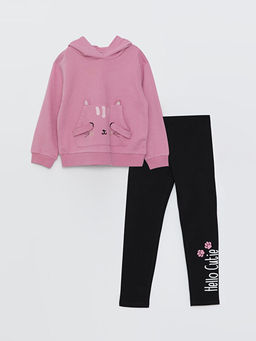 Kap??onlu Bask?l? Uzun Kollu K?z ?ocuk Sweatshirt ve Tayt