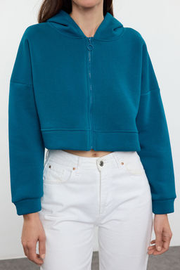 Petrol Fermuarl? Kapusonlu Rahat Kesim Crop Kal?n Ici Polarl? Orme Sweatshirt TWOAW20SW0660