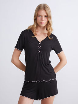 V Yaka Kad?n ?ortlu Pijama Tak?m?