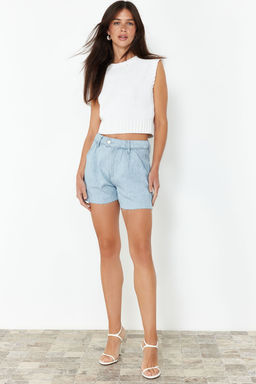 Ac?k Mavi %100 Tencel Pileli Yuksek Bel Sort TWOSS24SR00187 - Trendyolmilla фото 3