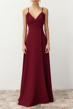 TRENDYOLMILLA Bordo Y?rtmac Detayl? Dokuma Uzun S?k Abiye Elbise TPRSS24AE00121 фото 4