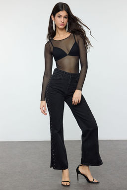Siyah Trok Detayl? Pacas? Y?rtmacl? Yuksek Bel Wide Leg Jeans TWOSS25JE00015