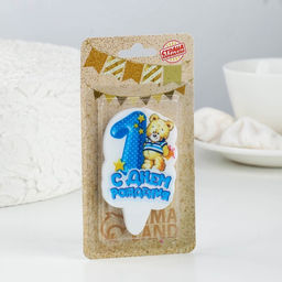 Свеча для торта цифра «Мишка с подарком» синяя 1, 6.5 см