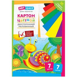 Цветной картон ArtSpace двусторонний А4 7л. 7цв. (Нкм7-7дв_28665) мелованный, в папке