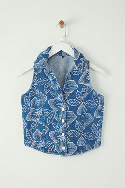 TRENDYOLMILLA Mavi Cicek Desenli Gomlek Yaka Denim Yelek TWOSS25YE00075 фото 5