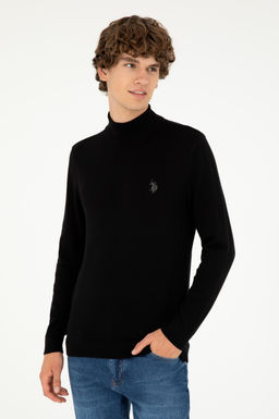 Erkek Slim Fit Yar_m Bo_azl_ Siyah Basic Kazak