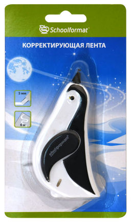 Корректирующая лента-роллер Schoolformat ПИНГВИН, 5мм х 6м, черно-белый корпус