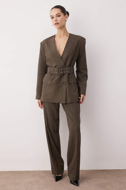 Haki Kemerli Kusgozu Detayl? Regular/Normal Kal?p Cizgili Dokuma Blazer Ceket TWOAW26BC00028 - Trendyolmilla фото 5