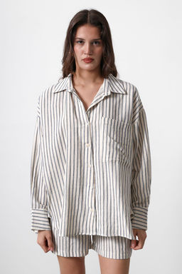 Bej Oversize Cepli Cizgili Dusuk Kol Gomlek TWOSS25GO00061