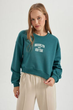 Coool Oversize Genis Kal?p Bisiklet Yaka Bask?l? Kal?n Sweatshirt
