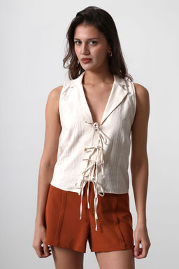 Bej Ceket Yaka Onu Baglama Detayl? Regular Dokuma Bluz TWOSS25BZ00165