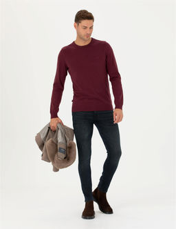 Bordo Slim Fit Bisiklet Yaka Basic Triko Kazak