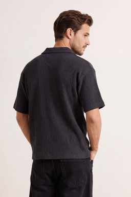 Siyah Oversize Polo Yaka Duz Polo Yaka T-shirt TMNSS25PO00045