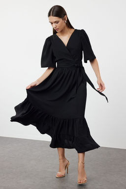 TRENDYOLMILLA Indigo Kusakl? A-Kesim Kruvaze Yaka S?rt Detayl? Midi Dokuma Elbise TWOSS23EL02164