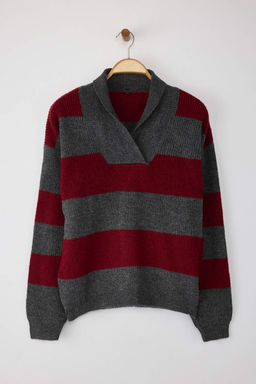 Bordo Yumusak Dokulu Genis Kal?p Kal?n V Yaka Triko Kazak TWOAW26KZ00152 - Trendyolmilla фото 5