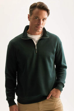 Siyah 3 Iplik Pamuklu Sardonlu Ici Polarl? Comfort Regular Fit Rahat Kal?p Dik Yaka Fermuarl? Kal?n Sweatshirt - Defacto фото 5