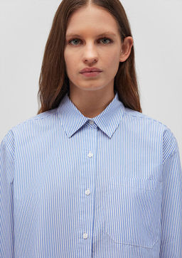 Cizgili Mavi Crop Poplin Gomlek
