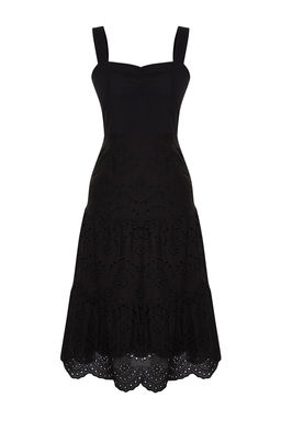 Siyah Belden Ac?lan Midi Brode Astarl? Dokuma Elbise TWOSS23EL00156