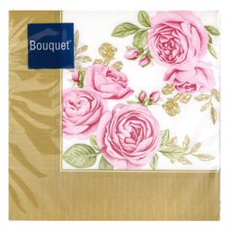 Салфетки бумажные Art Bouquet 33х33см, 3-х слойные, 20 штук в упаковке, 100% целлюлоза, Розы в золотой рамке (Россия)