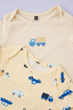 Turuncu Pamuklu 2li Araba Bask?l? K?sa Kol Erkek Bebek Orme Tulum TKDSS25TU00017 - Trendyolmilla фото 3