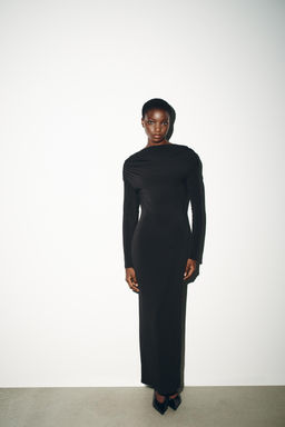 MIDI DRESS WITH DRAPED DETAIL AND JEWEL BACK