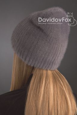 Шапка Бини норка орнамент серо-голубая