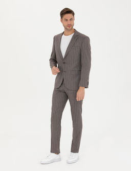 A__k Kahverengi Ex. Slim Fit _izgili Tak_m Elbise