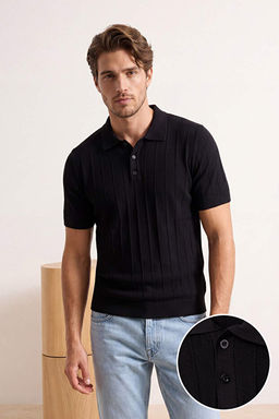 Siyah Slim/Dar Kesim Dokulu Polo Yaka T-shirt TMNSS26PO00039