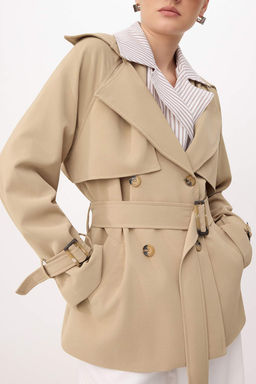 Bej Cizgili Gomlek Yaka Detayl? Kruvaze Kapama Midi Trenckot TWOSS26TR00005 - Trendyolmilla фото 5
