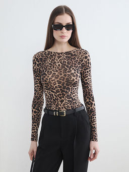 Bisiklet Yaka Leopar Desenli Kad?n Body