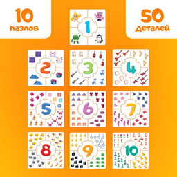 Пазлы - лото «Учим числа с Цыпой», 10 пазлов, 50 элементов