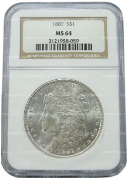 1 доллар 1887 года США Доллар Моргана (в слабе NGC MS 64)