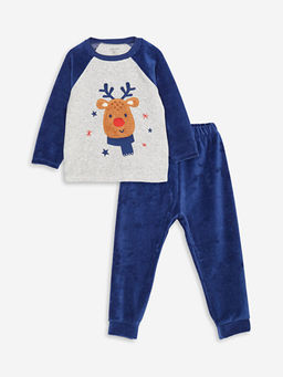 Bisiklet Yaka Bask?l? Kadife Erkek Bebek Pijama Tak?m?