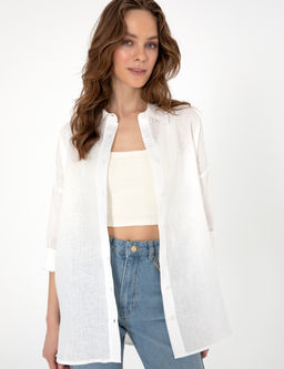 Beyaz Oversize Uzun Kollu %100 Keten G_mlek