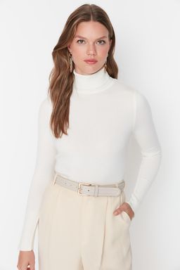 Ekru Merserize Gorunumlu Crop Premium Iplik / Ozel Iplik Basic Triko Kazak TWOAW23KZ01514