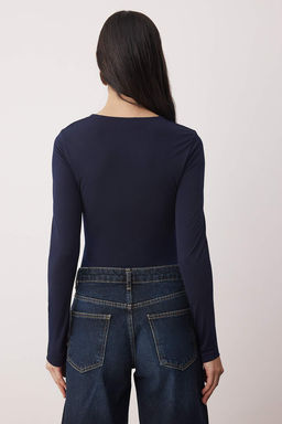 Lacivert Duz Asimetrik Yaka Uzun Orme Sandy Body TPRAW26BD00023